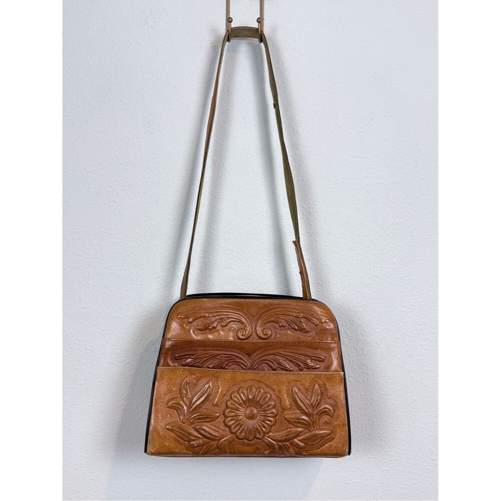 Vintage Tooled Tan Leather Shoulder Bag Boho